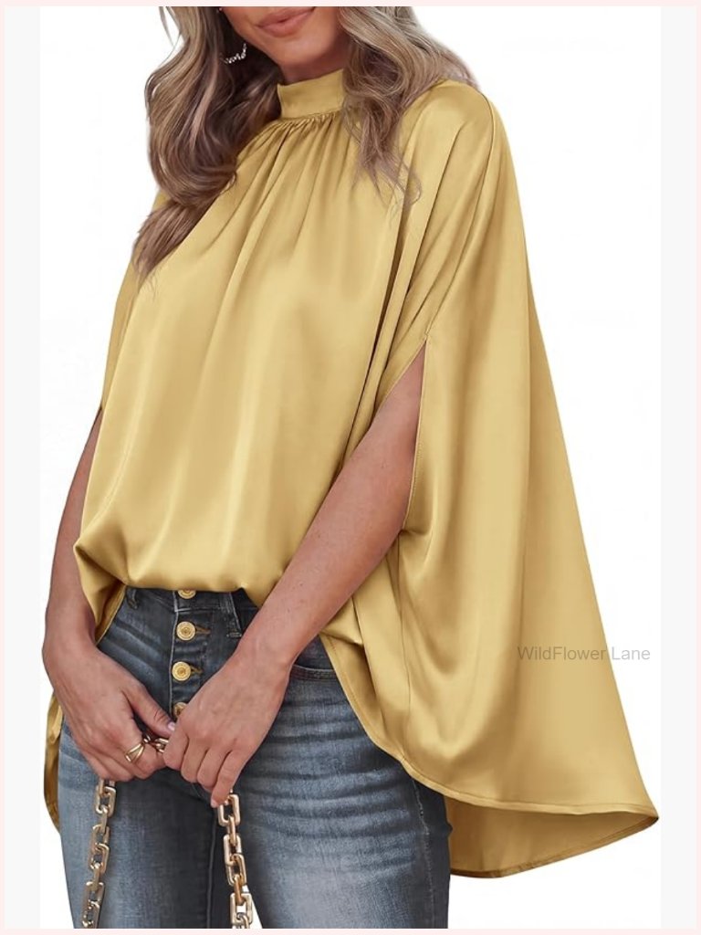 Mock Neck Batwing Sleeve Blouse - Oversized Silk Satin Tunic